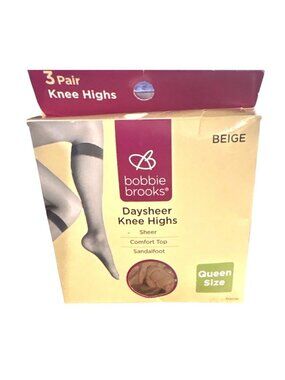 Womens Bobbie Brooks Knee Highs 3-Pr Sheer Comfort Top Sandalfoot Beige Queen Sz